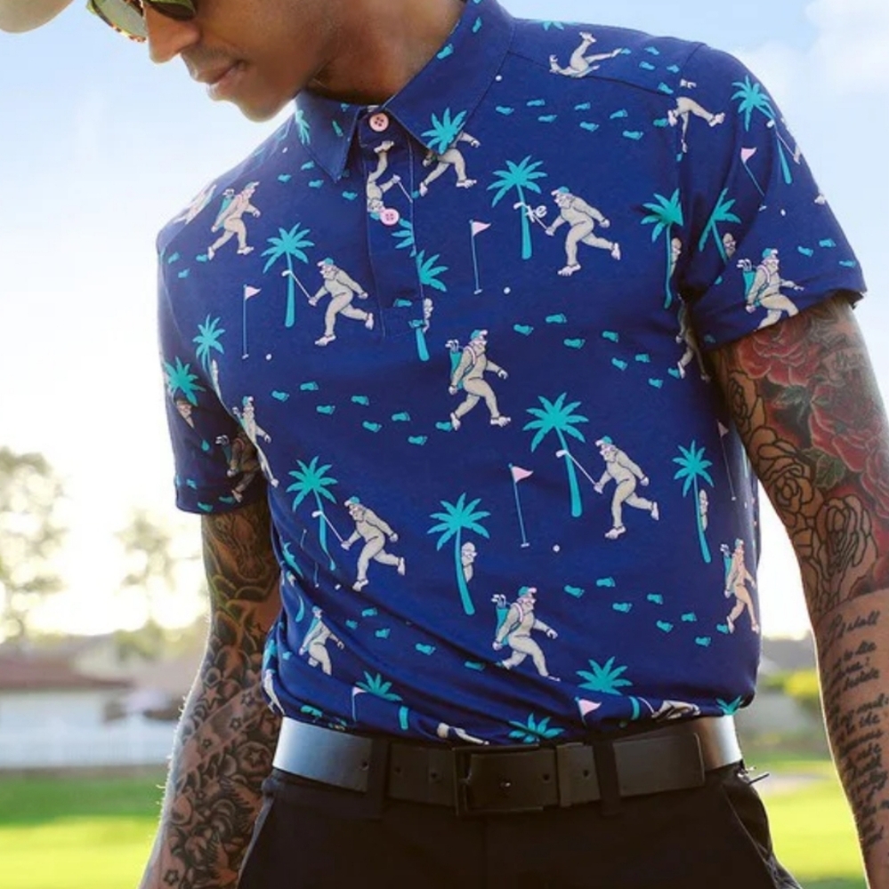 Tipsy Elves Big Foot Tropical Blue All Over Print Golf Polo Mens XXL Stretch